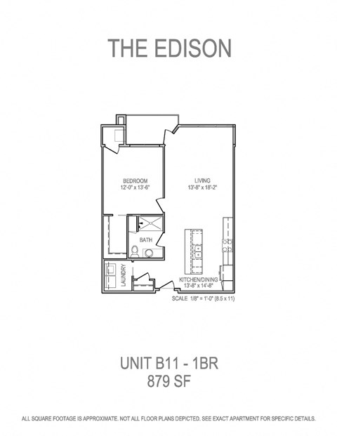 Floor plan for 1 bed, 1 bath, 879 sqft